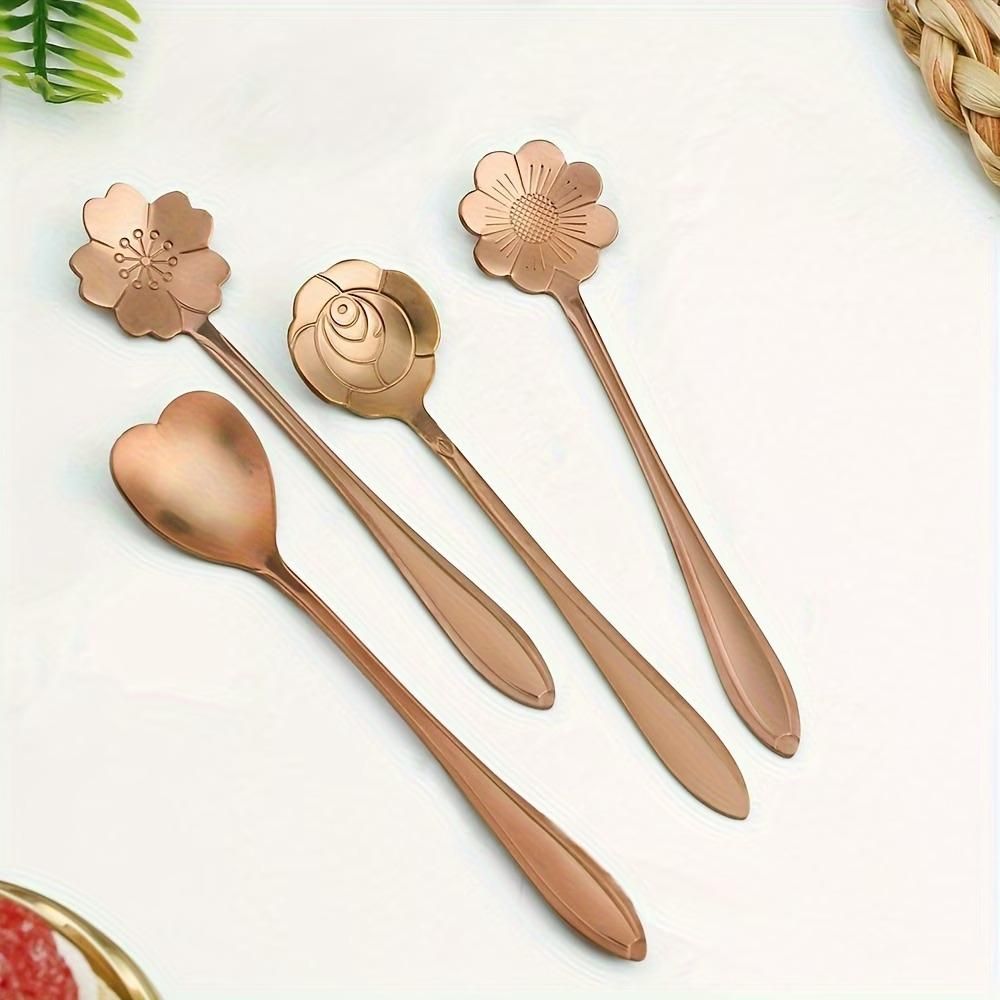 Golden Finished Floral Spoon Set of 4
